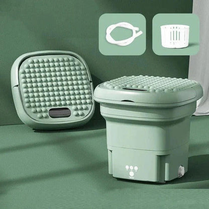 Compact Belro Mini Folding Washing Machine for outdoor use, showing its foldable design and control panel in a home and garden setting.