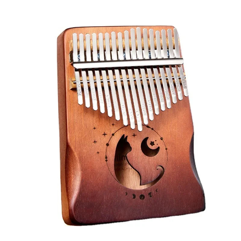 Belro 17K Kalimba thumb piano with metal tines and wooden body, showcasing a compact electronic musical instrument.