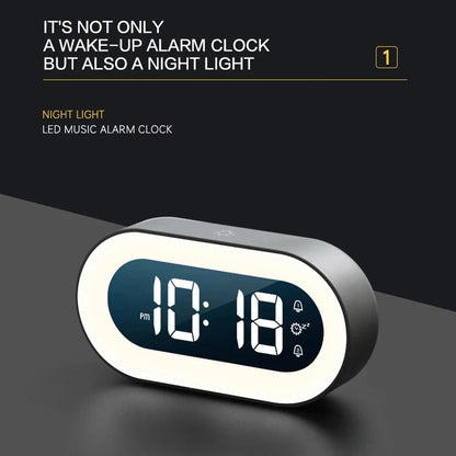 Belro Gentle Light Alarm Clock with soft glowing night light, digital display, and sleek modern design for bedroom use.