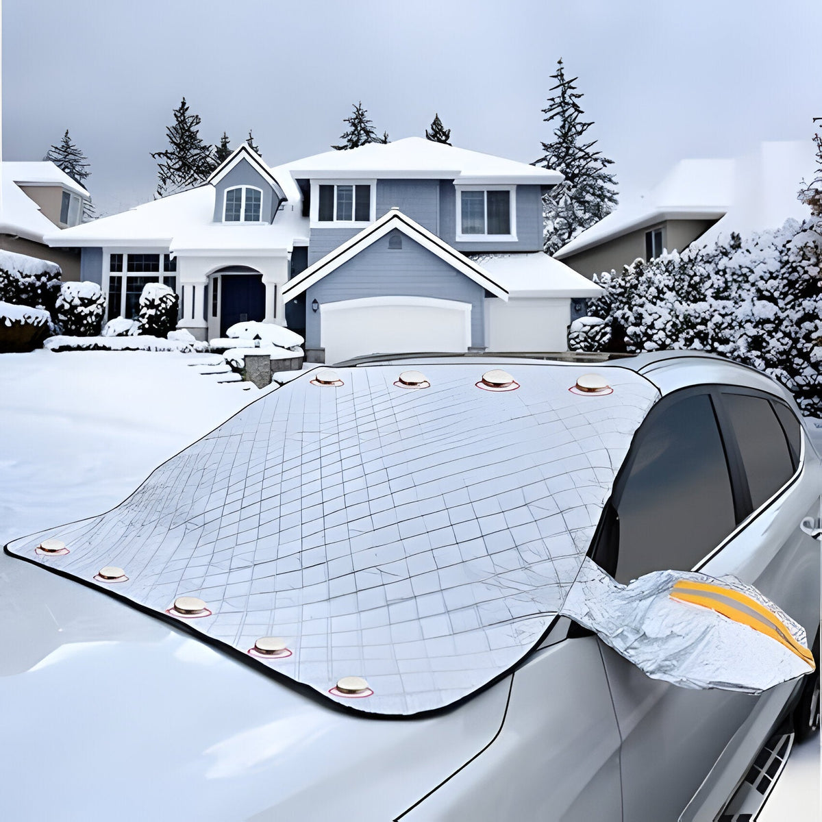 Belro Winterproof Magnetic Windshield Cover on a car windshield, designed for winter weather protection and easy installation.