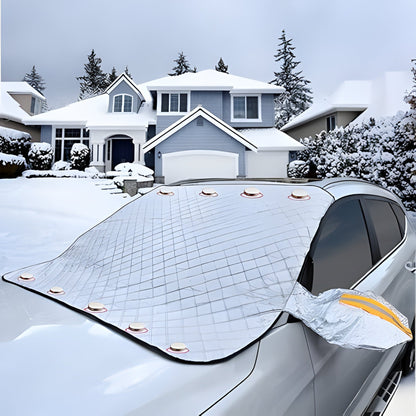 Belro Winterproof Magnetic Windshield Cover on a car windshield, designed for winter weather protection and easy installation.