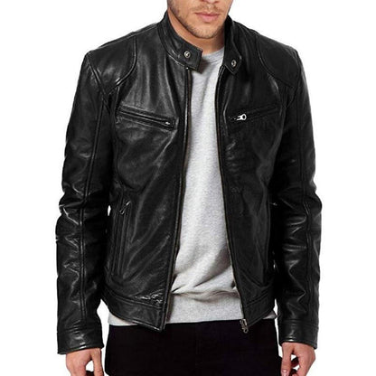 Belro leather biker collar jacket for motorcycles, featuring a classic black design with silver hardware and a structured fit.