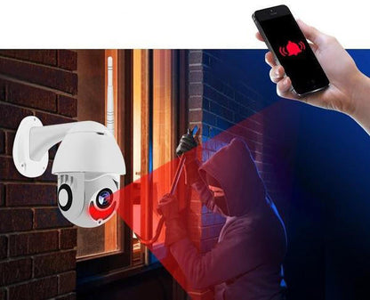 Wireless WiFi surveillance camera by Belro showing a sleek black security camera with adjustable mount and lens for home security.