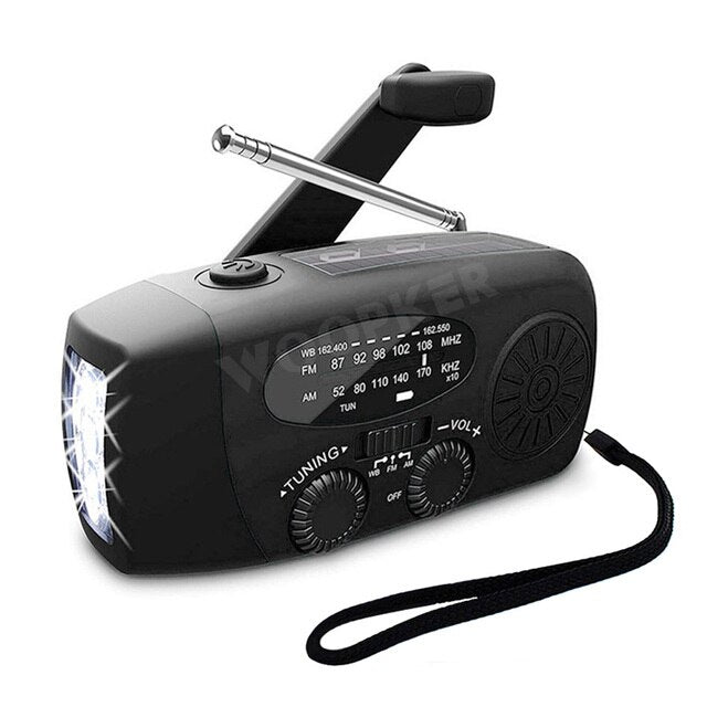 Belro all-in-one emergency radio with solar power and built-in power bank, featuring digital display and multiple charging ports.