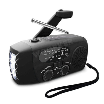 Belro all-in-one emergency radio with solar power and built-in power bank, featuring digital display and multiple charging ports.
