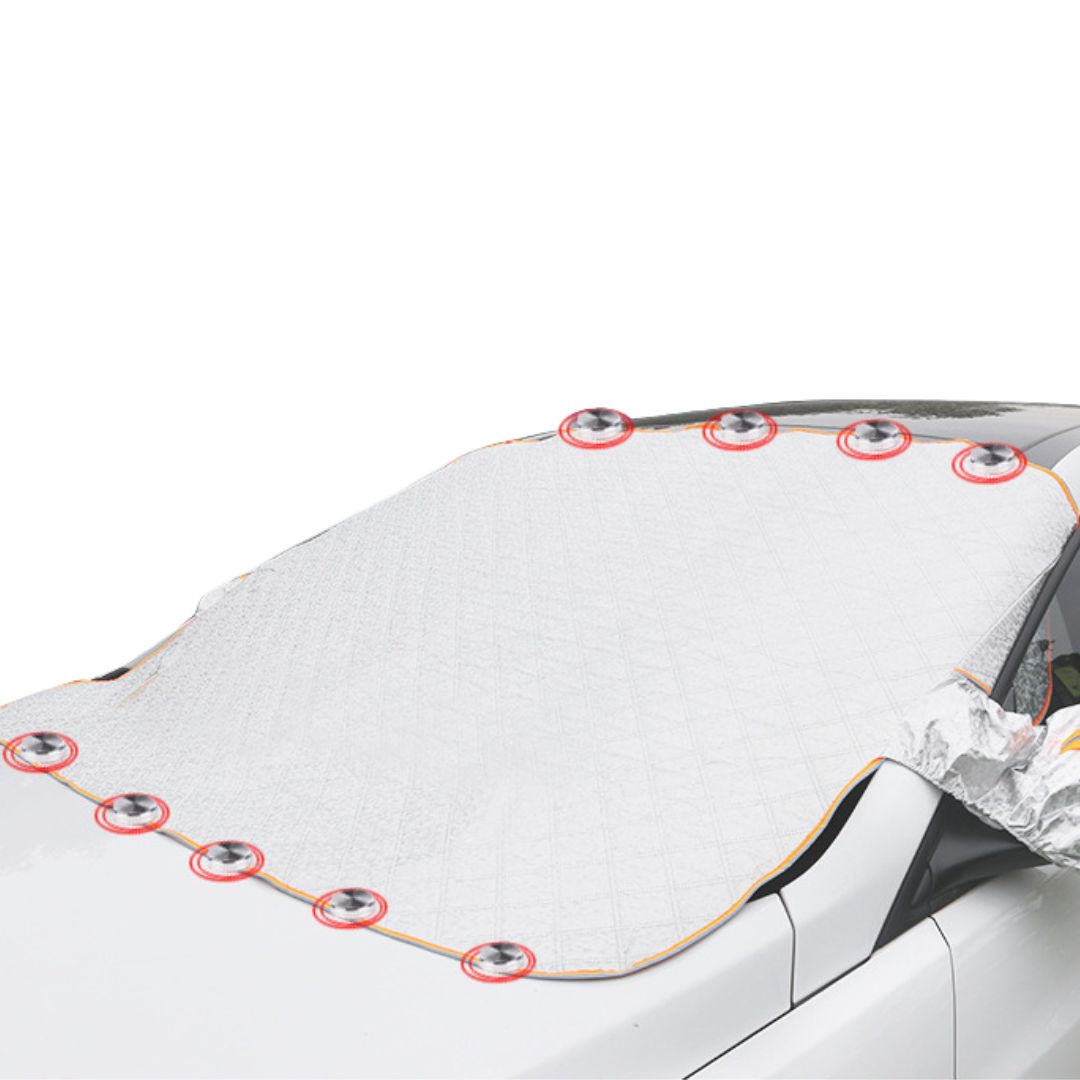 Belro Winterproof Magnetic Windshield Cover draped over a car windshield, designed for winter weather protection.