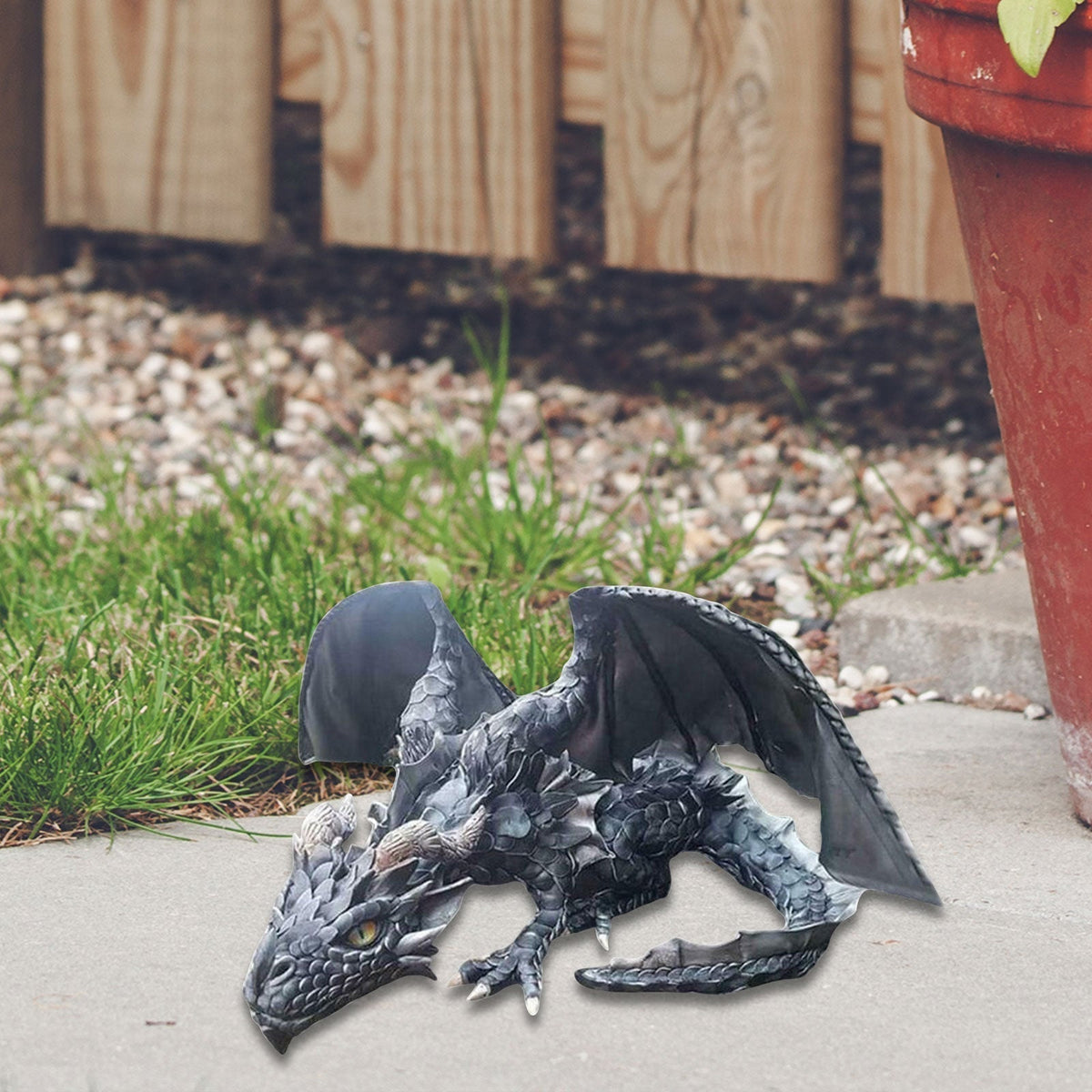 Belro Crouching Dragon Guardian statue, gothic outdoor sculpture for home and garden decor, detailed dragon figurine with intricate design