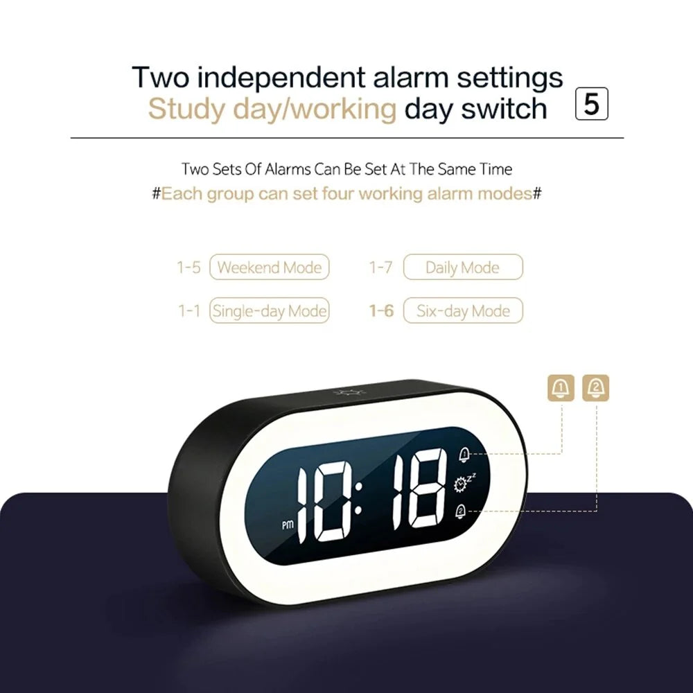 Belro Gentle Light Alarm Clock displaying a soft glowing night light on a bedside table.