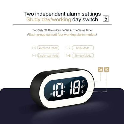 Belro Gentle Light Alarm Clock displaying a soft glowing night light on a bedside table.