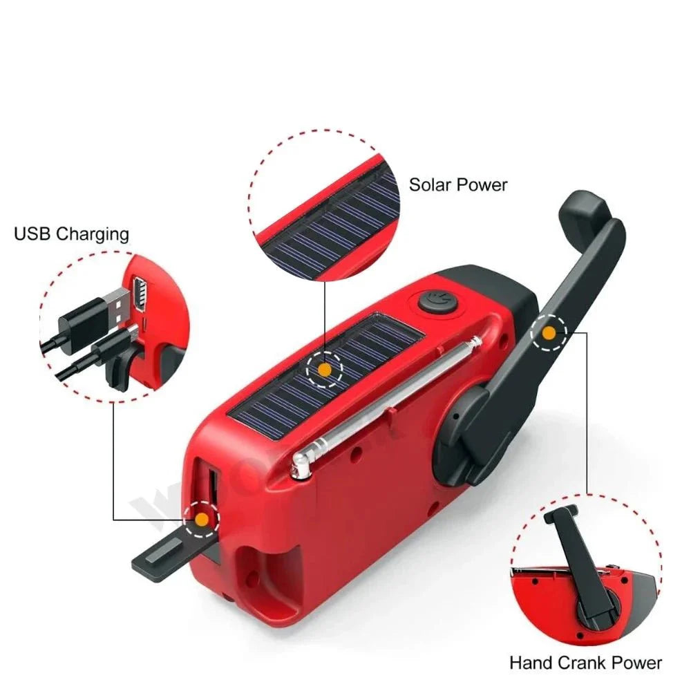 Belro all-in-one emergency radio with solar power, hand crank, and built-in power bank, designed for portable audio and emergency use