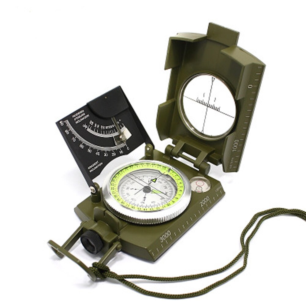 Belro multifunctional military compass with outdoor navigation features, displayed on a wooden surface in a home and garden setting.