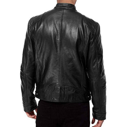 Belro leather biker collar jacket for motorcycles, featuring rugged design and metal hardware, perfect for motorcycle riding.