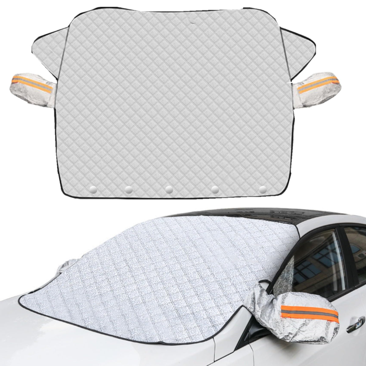 Belro winterproof magnetic windshield cover on car windshield, designed for home and garden decor, protects against snow and ice.