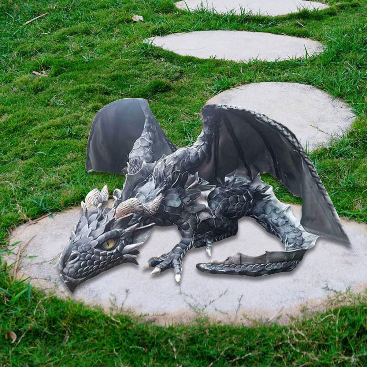Crouching Dragon Guardian Statue by Belro, Gothic outdoor sculpture for garden decor, detailed dragon figure with fierce expression