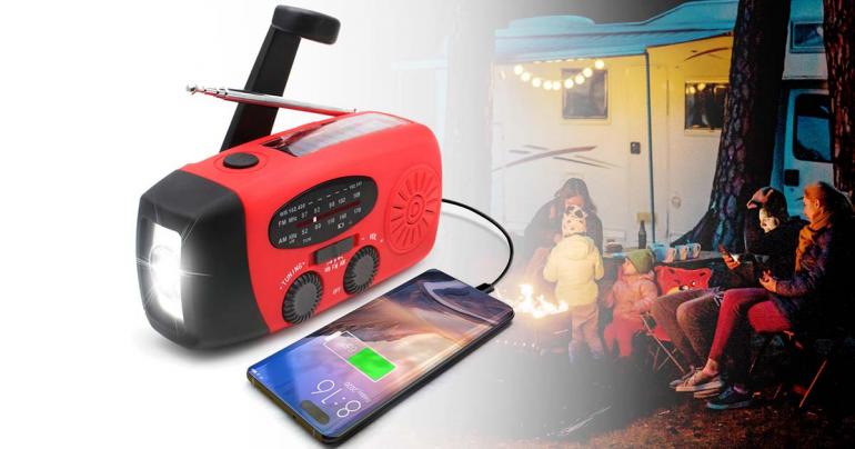 Belro all-in-one emergency radio with solar power, portable power bank, and audio features, shown with digital display and antenna.