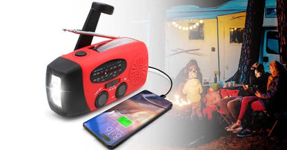 Belro all-in-one emergency radio with solar power, portable power bank, and audio features, shown with digital display and antenna.