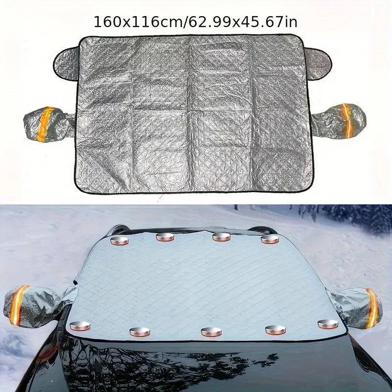 Belro Winterproof Magnetic Windshield Cover laid on a car windshield, designed for winter protection and easy installation.