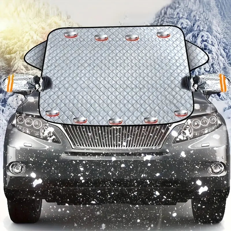 Belro winterproof magnetic windshield cover shown on car windshield, designed to protect against snow and ice during winter.