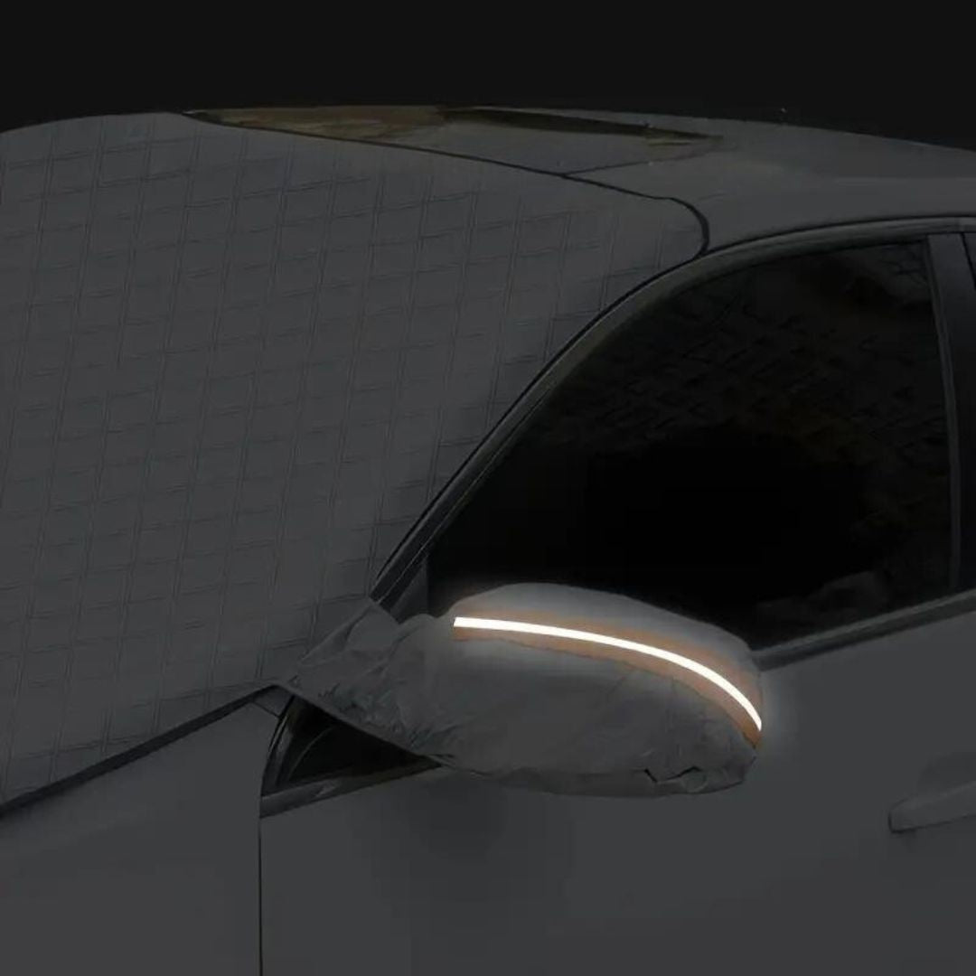 Belro Winterproof Magnetic Windshield Cover spread over a car windshield, designed for winter protection and easy installation.