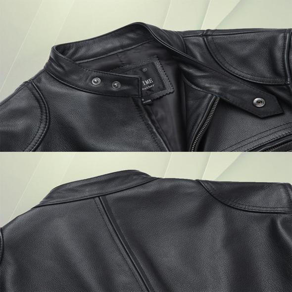 Close-up of Belro leather biker collar jacket showing black leather material and metal zipper details.