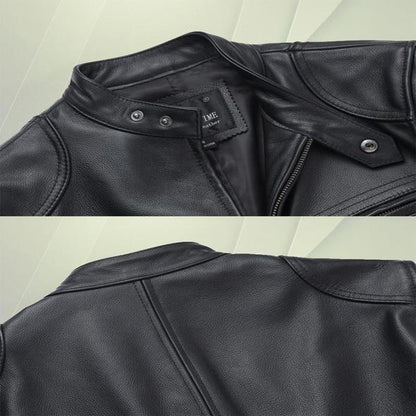 Close-up of Belro leather biker collar jacket showing black leather material and metal zipper details.