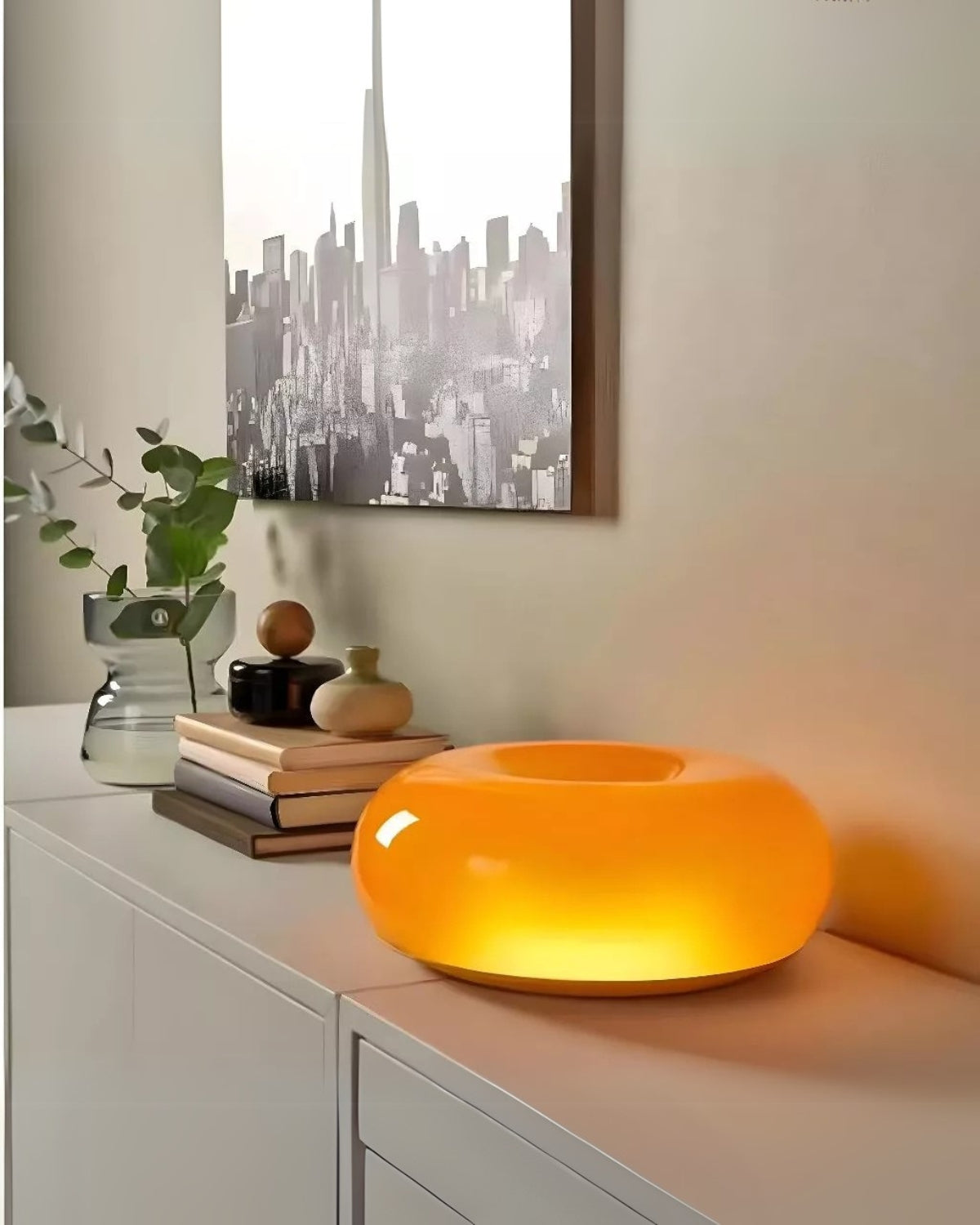 Round donut-shaped Mivoza table lamp with soft LED light and decorative design, ideal for home lighting and ambiance.