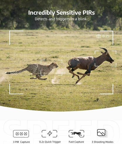 Wireless HD wildlife trail camera with night vision from Belro, showing outdoor setup with lens and infrared sensors for wildlife monitoring.