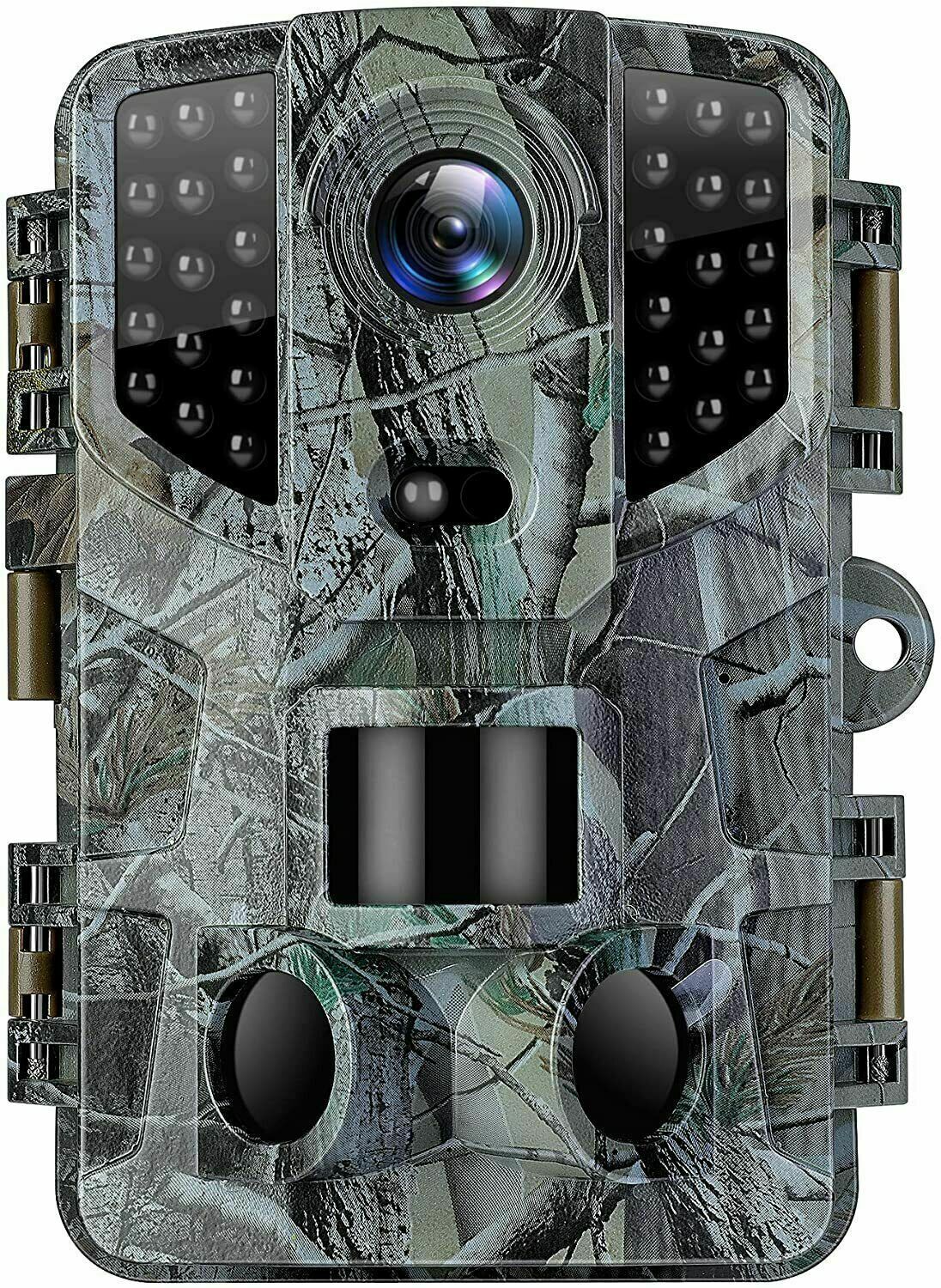 Wireless HD wildlife game trail camera with night vision by Belro, showing outdoor setup with lens and infrared sensors.