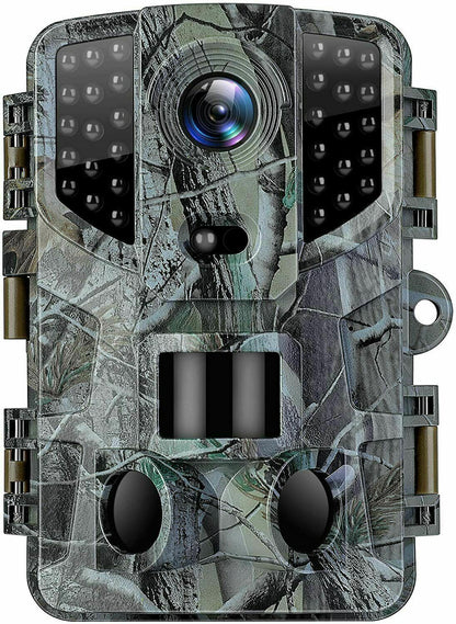 Wireless HD wildlife game trail camera with night vision by Belro, showing outdoor setup with lens and infrared sensors.