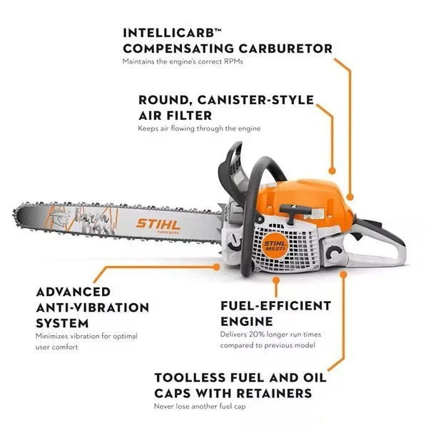 Casavibeo Stihl MS 271 Farm Boss chainsaw with black and orange body, featuring a sturdy handle and detailed engine components.