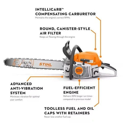 Casavibeo Stihl MS 271 Farm Boss chainsaw with black and orange body, featuring a sturdy handle and detailed engine components.