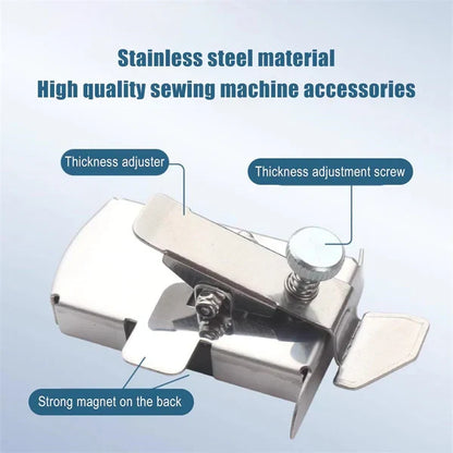 Magnetic seam guide for men's clothing by Belro, showing a close-up of the magnetic attachment and guide on fabric.