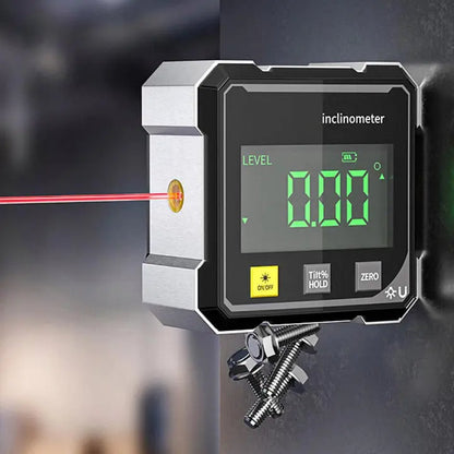 Digital laser inclinometer from Mivoza with magnetic base, showing precise angle measurement on metal surfaces for home and garden use.