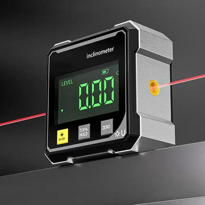 Digital laser inclinometer from Mivoza with magnetic base, showing precise angle measurement on metal surface in a home and garden setting.