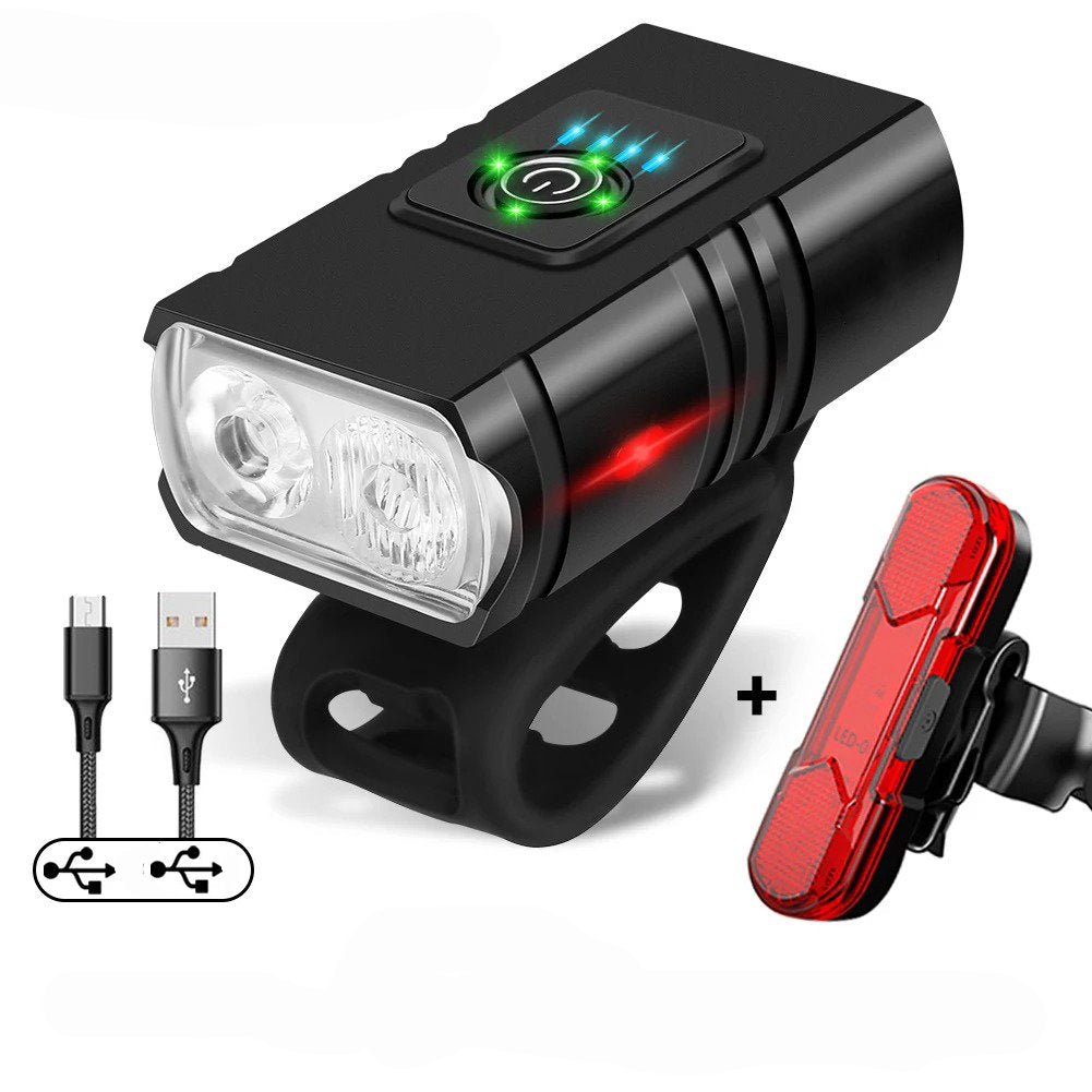 Belro bike headlights and taillights mounted on a bicycle, providing bright LED lighting for night riding.