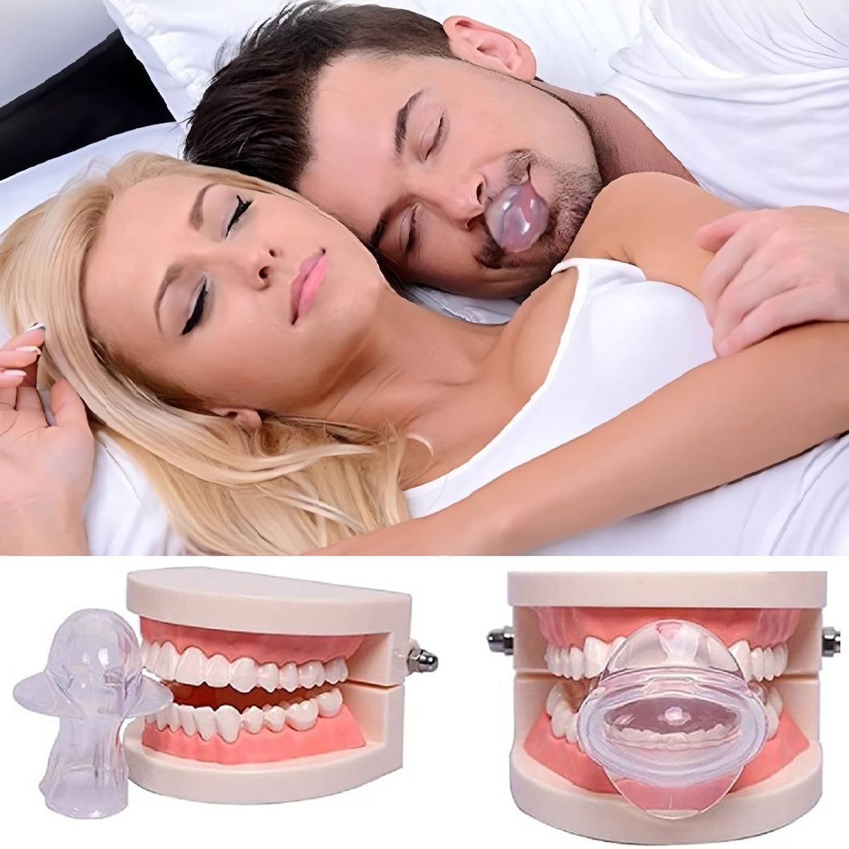 Belro Sleep Apnea Tongue Retainer for snoring relief, non-invasive sleep aid device in a clear, close-up view.
