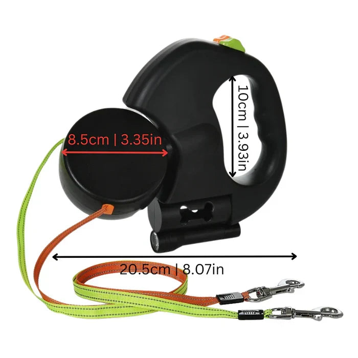 Belro Dual Dog Leash with LED light, 360° swivel, tangle-free design for secure and comfortable walks with dogs.