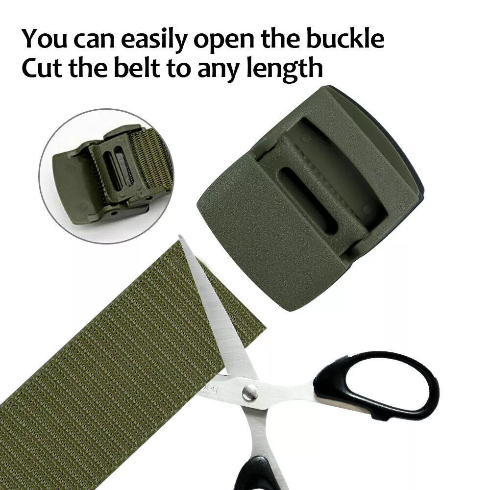 Mens military nylon canvas belt with plastic buckle, breathable webbing, tactical design, by Belro.