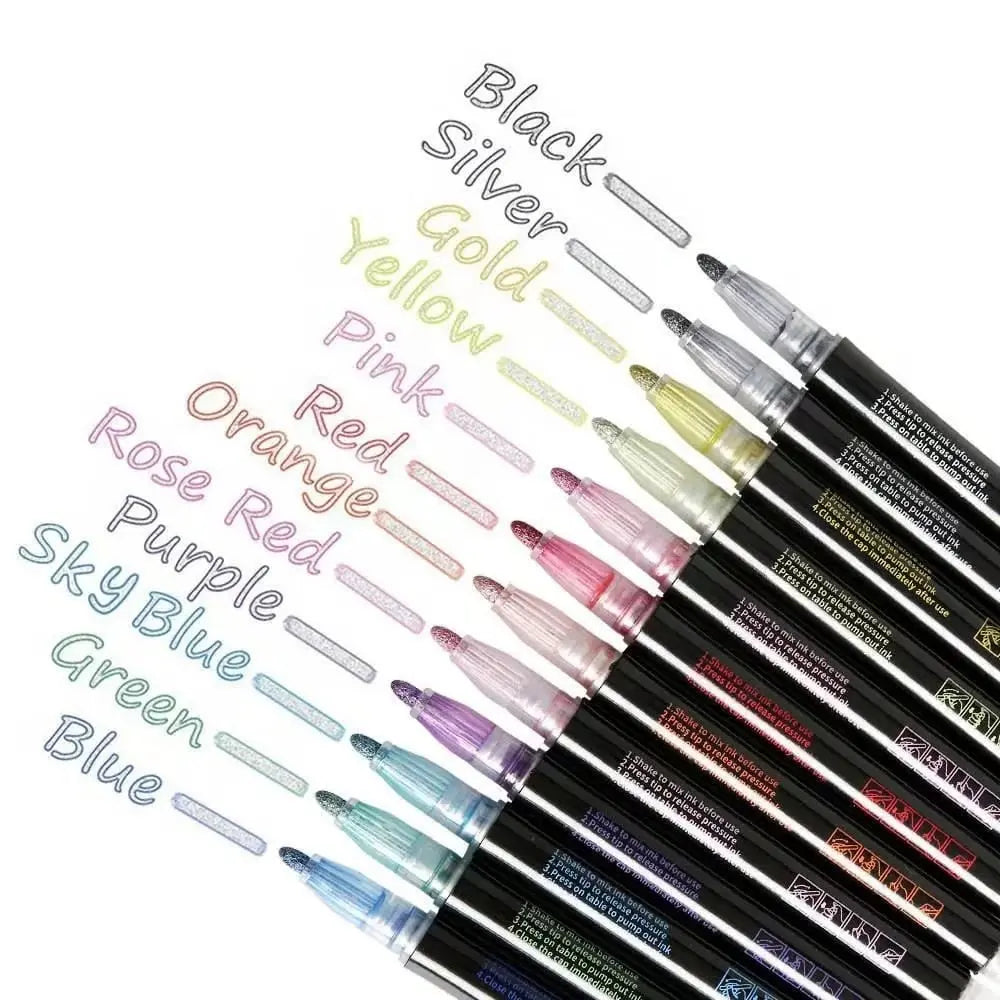 Mivoza metallic marker set with 12 colors, permanent ink, displaying metallic effects on various surfaces.
