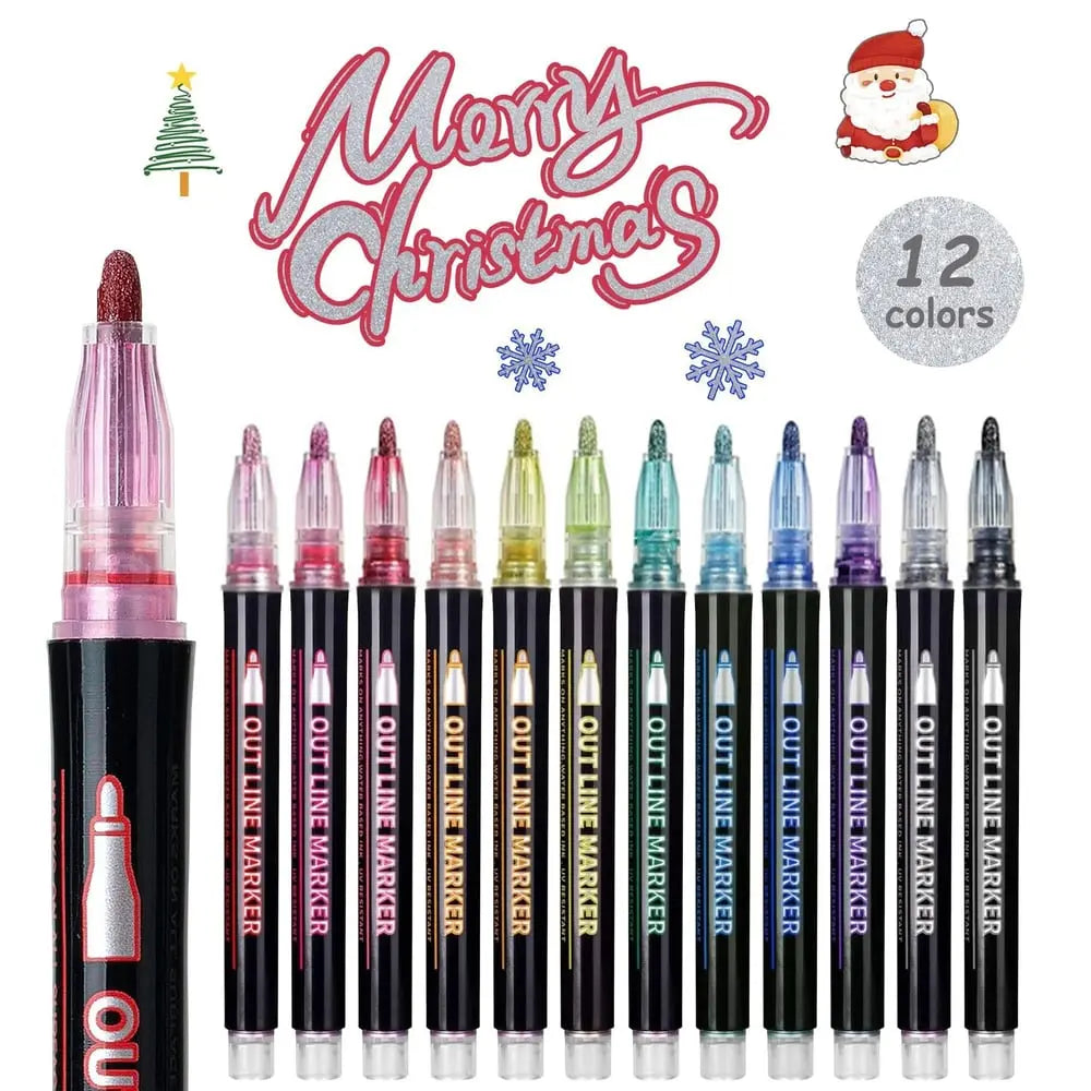 Mivoza metallic marker set with 12 colors, showing metallic ink effects on various surfaces for creative projects.