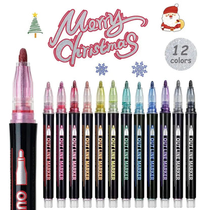 Mivoza metallic marker set with 12 colors, showing metallic ink effects on various surfaces for creative projects.