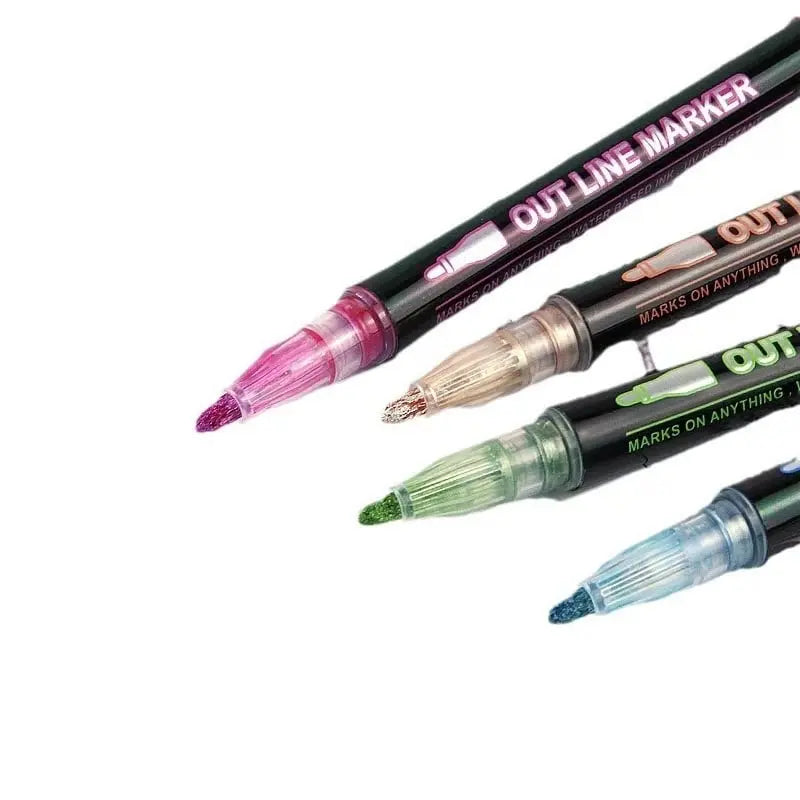 Mivoza metallic marker set with 12 colors, showcasing permanent ink and creative effects on various surfaces.