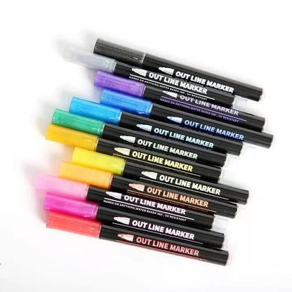 Mivoza metallic marker set with 12 colors, featuring permanent ink and versatile surface compatibility, displayed on a creative background.