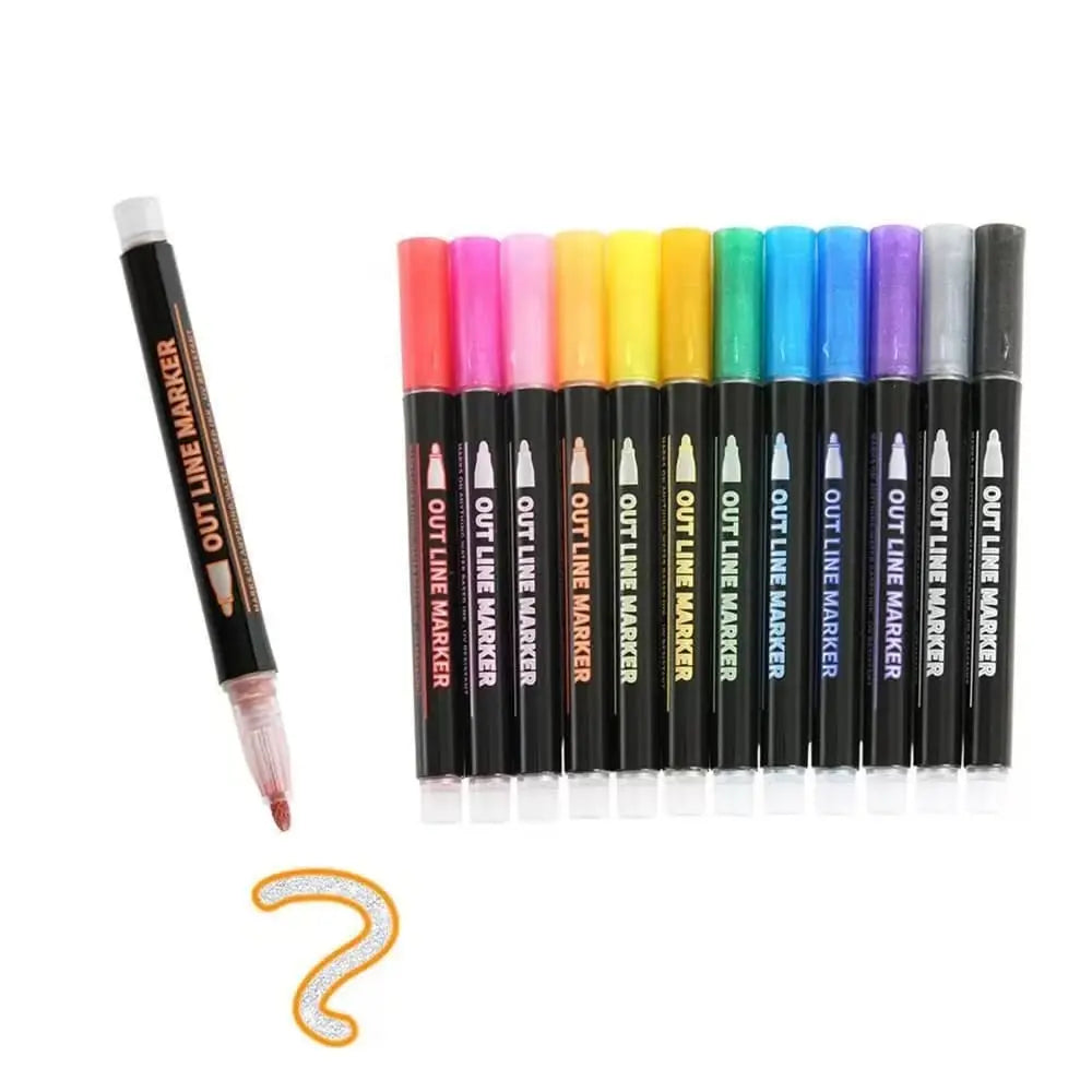Mivoza metallic marker set with 12 colors, featuring permanent ink and versatile surface compatibility, shown with colorful markings.