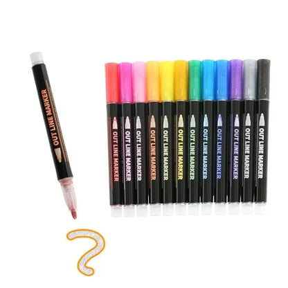 Mivoza metallic marker set with 12 colors, featuring permanent ink and versatile surface compatibility, shown with colorful markings.