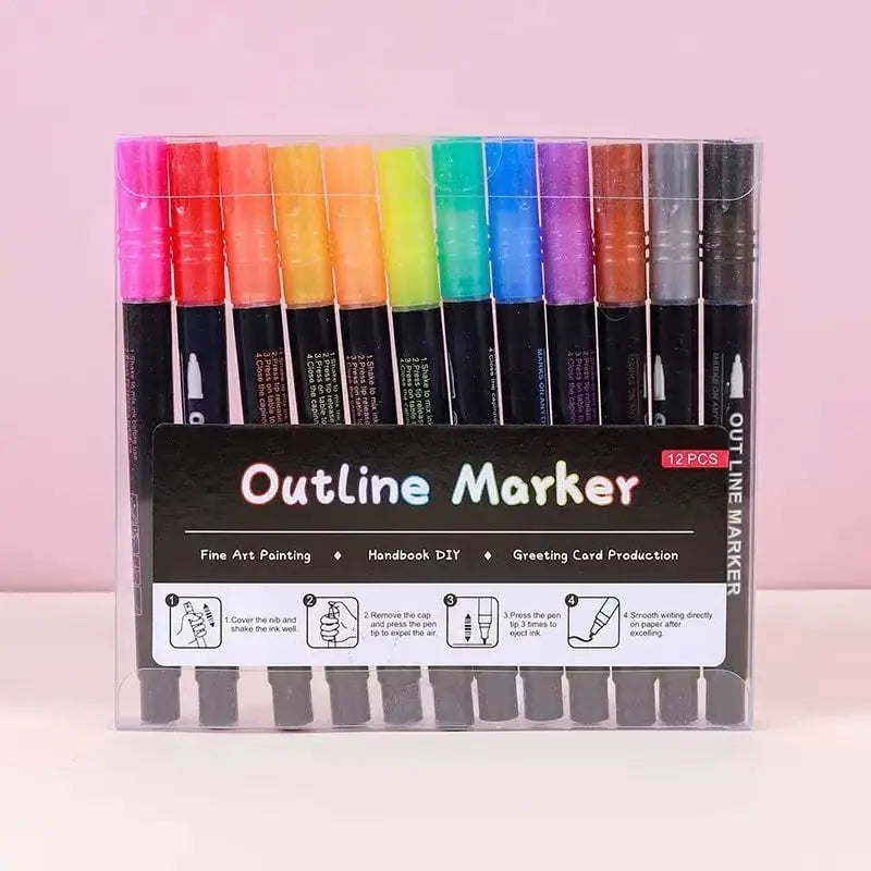 Mivoza metallic marker set with 12 colors, permanent ink, showcasing creative effects on various surfaces in a vibrant display.