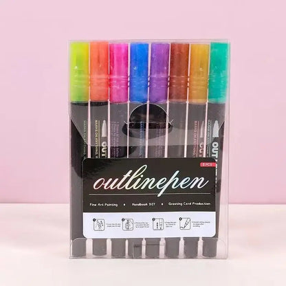Mivoza metallic marker set with 12 colors, permanent ink, shown on various surfaces for creative writing and artwork.