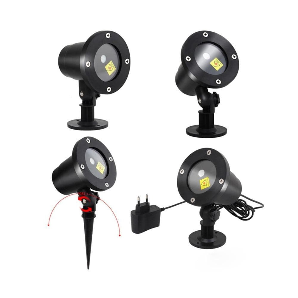 Belro outdoor laser light projector displaying moving red and green star patterns for landscape and holiday outdoor lighting.
