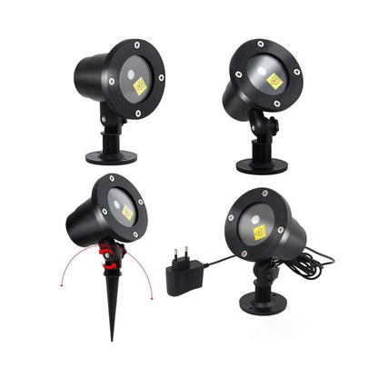 Belro outdoor laser light projector displaying moving red and green star patterns for landscape and holiday outdoor lighting.