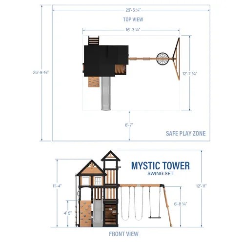 Diagram of the Backyard Discovery Mystic Tower Swing Set showing its structure and features for kids' outdoor play.